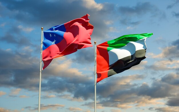 Drapeaux des Samoa et des Emirats Arabes Unis sur le ciel bleu. Illustration 3D