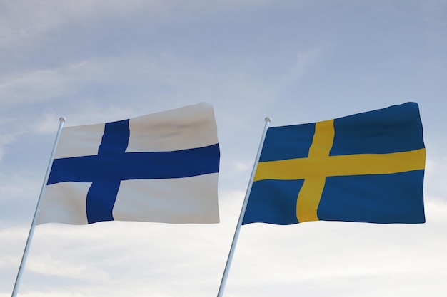 Drapeaux de la SUÈDE et de la FINLANDE agitant avec fond de ciel bleu nuageux, rendu 3D GUERRE