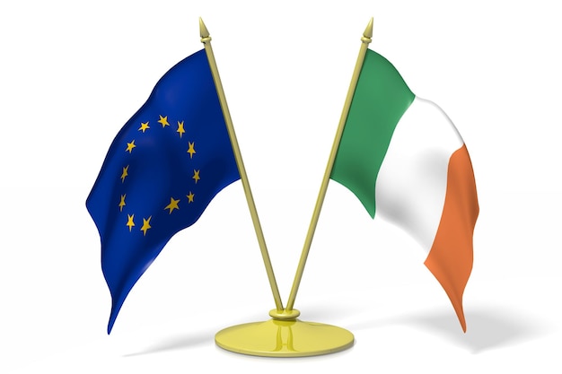 Drapeaux de table de l'Irlande et de l'Union européenne sur fond blanc