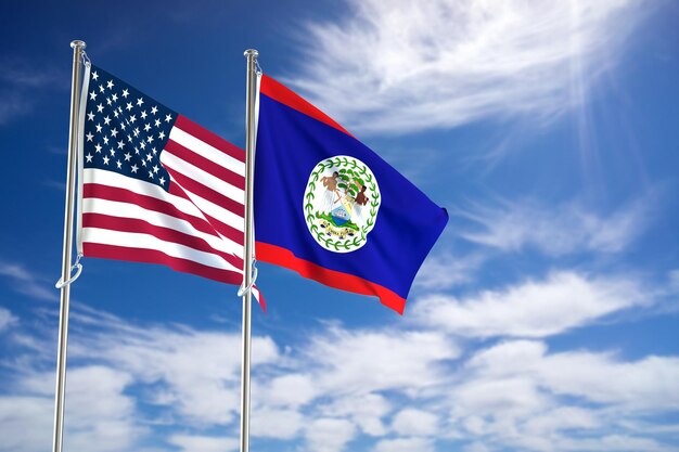 Drapeaux des États-Unis d'Amérique et du Belize sur fond de ciel bleu illustration 3D