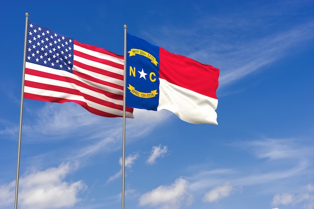 Drapeaux des États-Unis et de la Caroline du Nord sur fond de ciel bleu. illustration 3D