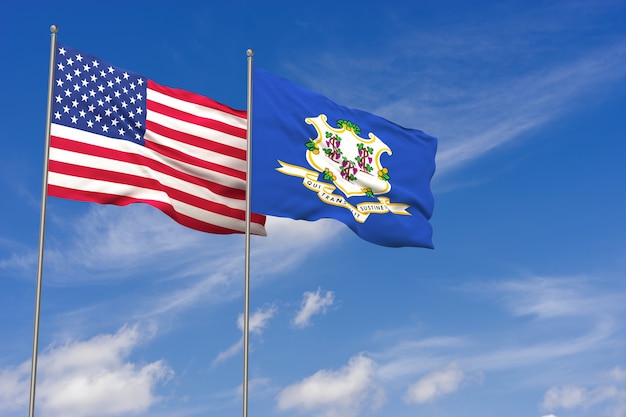 Drapeaux des États-Unis et du Connecticut sur fond de ciel bleu. illustration 3D