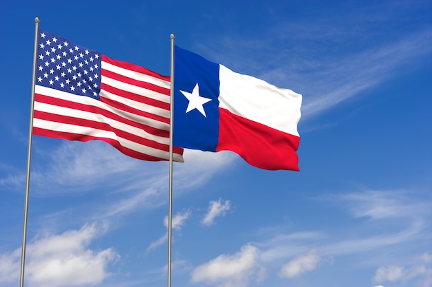 Drapeaux des États-Unis et du Texas sur fond de ciel bleu. illustration 3D