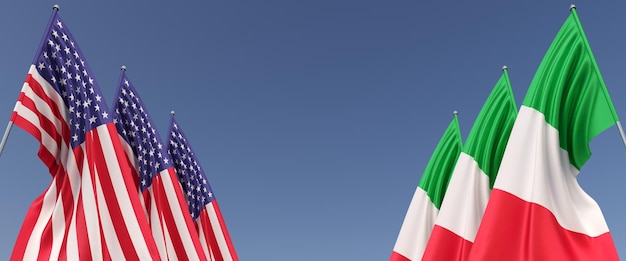 Drapeaux des États-Unis et de l'Italie sur des mâts sur les côtés Six drapeaux sur fond bleu Place pour le texte États-Unis d'Amérique Rome Illustration 3D