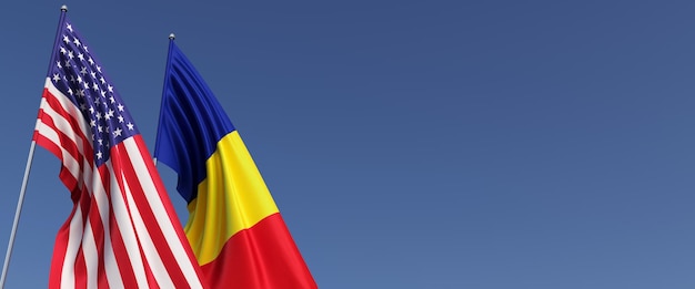Drapeaux des États-Unis et de la Roumanie sur des mâts latéraux Drapeaux sur fond bleu Place pour le texte États-Unis d'Amérique Illustration 3D du Commonwealth de Bucarest