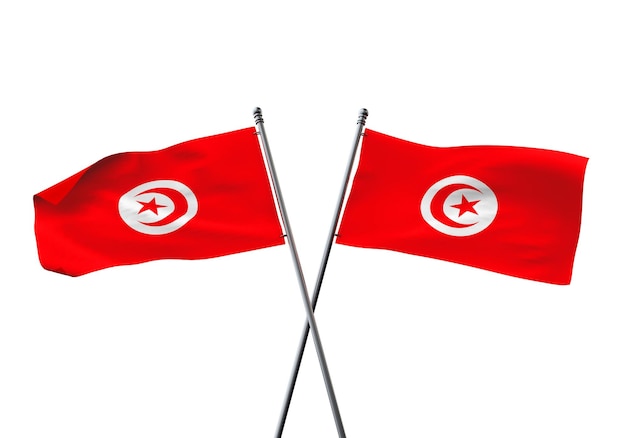 Drapeaux tunisiens croisés isolés sur fond blanc rendu d