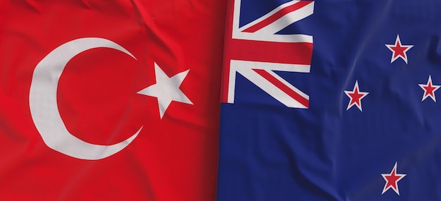 Drapeaux de la Turquie et de la Nouvelle-Zélande Drapeau en lin agrandi Drapeau en toile Symboles nationaux de l'État turc d'Istanbul Wellington Illustration 3d