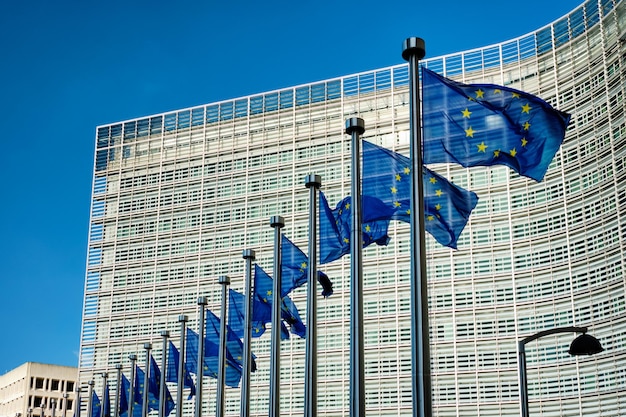 Photo les drapeaux de l'ue devant la commission européenne