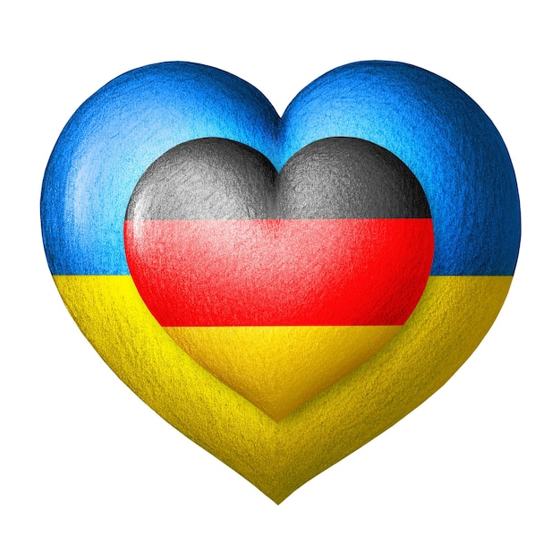 Drapeaux de l'Ukraine et de l'Allemagne Deux coeurs aux couleurs des drapeaux isolés sur fond blanc