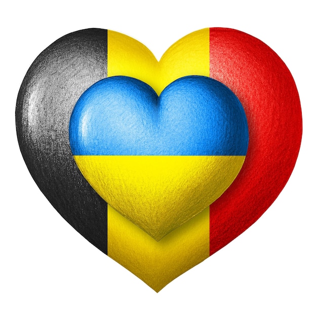 Drapeaux de l'Ukraine et de la Belgique Deux coeurs aux couleurs des drapeaux isolés sur fond blanc