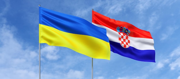 Drapeaux de l'Ukraine et de la Croatie sur des mâts au centre Drapeaux sur fond de ciel Place pour le texte Illustration 3d de Zagreb ukrainien