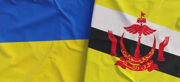 Drapeaux de l'Ukraine et du Brunei Drapeau en lin agrandi Drapeau en toile Drapeau ukrainien Brunei Darussalam Asie État symboles nationaux illustration 3d