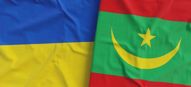 Drapeaux de l'Ukraine et de la Mauritanie Drapeaux en lin agrandi Drapeau en toile Ukraine Kyiv Nouakchott Symboles nationaux illustration 3d