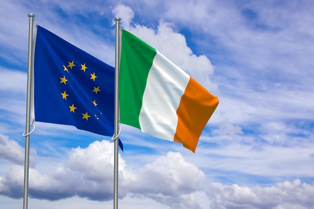 Drapeaux de l'Union européenne et de la République d'Irlande sur fond de ciel bleu Illustration 3D