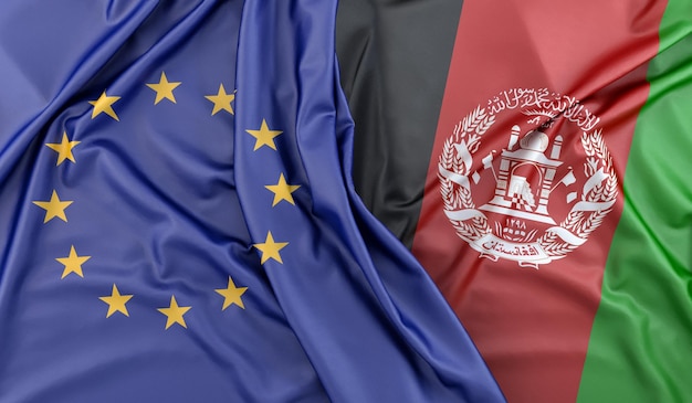 Photo drapeaux à volets de l'union européenne et de l'afghanistan en 3d