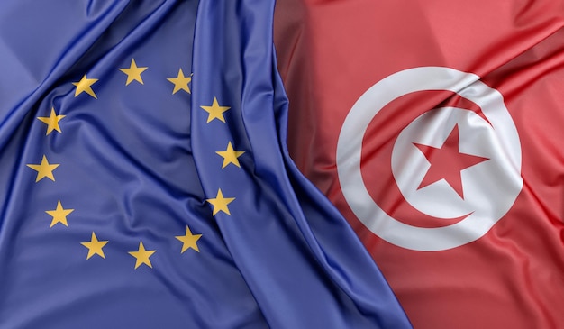 Drapeaux à volets de l'Union européenne et de la Tunisie Rendering 3D