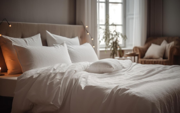 Draps et oreillers blancs et mur blanc