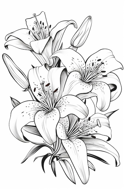 Photo a drawing of a bunch of flowers with black and white lines generative ai