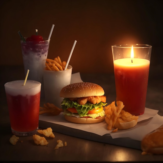 Dream Shaper v7 fast food et un verre de boisson froide et une bougie