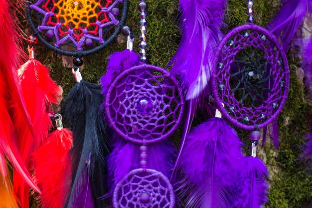 Dreamcatcher coloré fait de perles et de cordes en cuir de plumes, suspendu, fait à la main