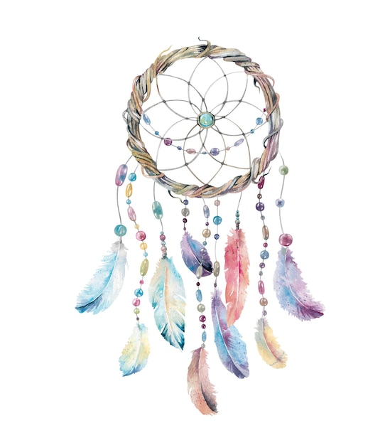Dreamcatcher illustration à l'aquarelle bohémienne dessinée à la main pour le design indien amérindien autochtone boho isolé sur fond blanc élément artisanal mystique avec des perles colorées et des plumes d'oiseaux