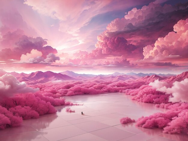 Dreamy Skies Pink Magenta Fantastiques nuages 3D sur le sol