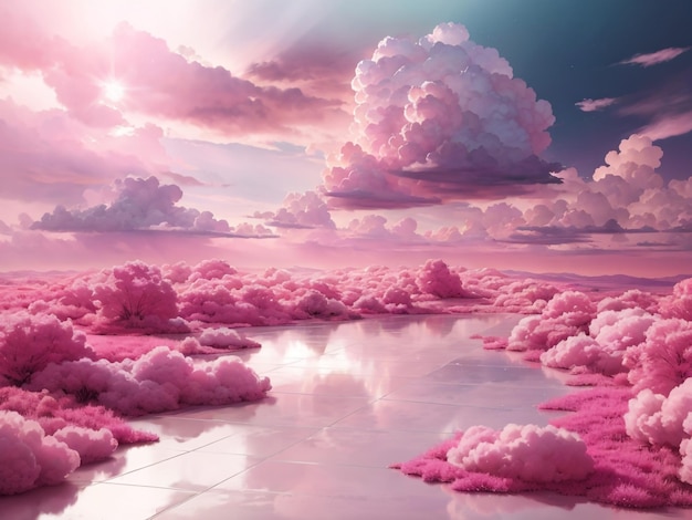 Dreamy Skies Pink Magenta Fantastiques nuages 3D sur le sol