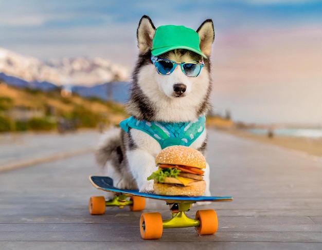 Photo un drôle d'adolescent husky sibérien en pause pour un collation sur un trottoir au bord du lac.