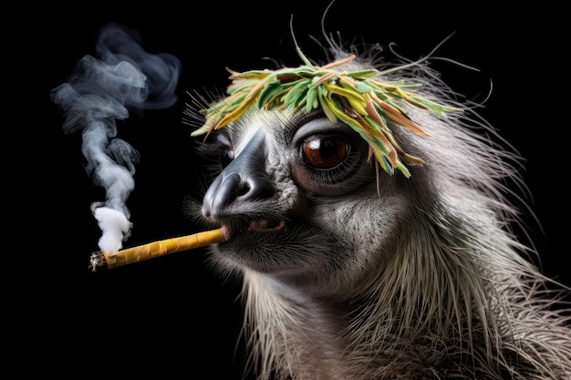 Drôle d'animal fumant de la ganja avec un bong et une drôle de tête créée avec une IA générative