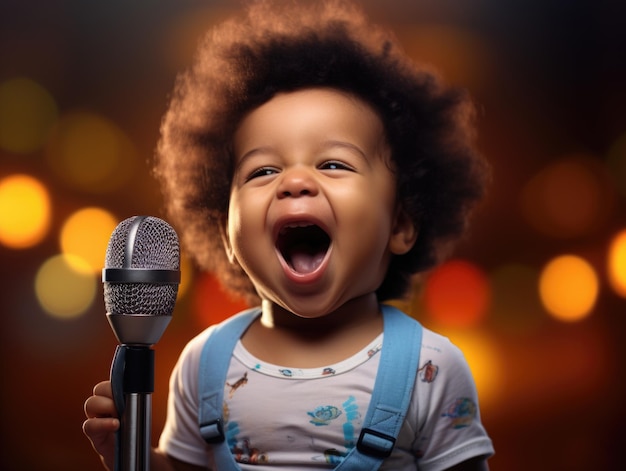 Photo drôle de bébé souriant en tant que chanteur
