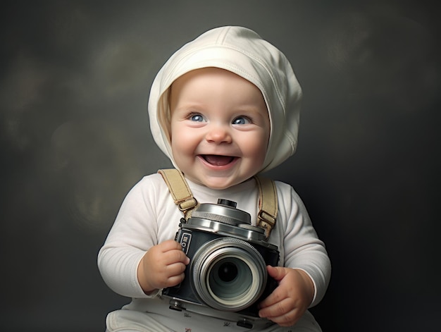 drôle de bébé souriant en tant que photographe