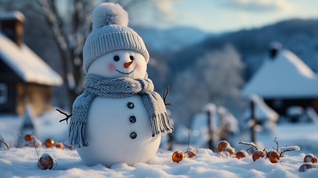 un drôle de bonhomme de neige avec une carotte au lieu d'un nez et dans un chaud chapeau tricoté sur un pré enneigé sur un flou