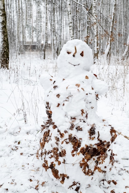 Drôle de bonhomme de neige souriant décoré de feuilles sèches tombées dans la forêt d'hiver