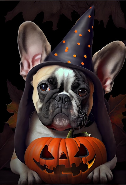 Un drôle de bouledogue français dans un chapeau de sorcière pour Halloween et avec une citrouille sur fond sombre