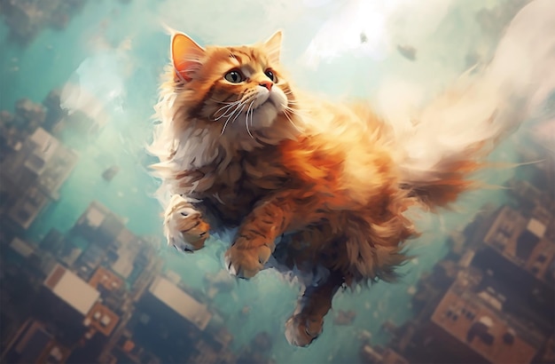 Drôle de chat roux volant dans le ciel Fluffy pet Art style AIgenerated