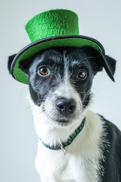 Un drôle de chien noir et blanc portant un chapeau vert.