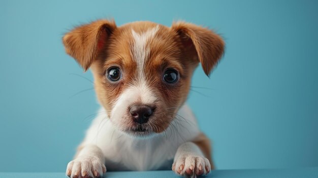 Un drôle de chiot de Jack Russell Terrier sur fond bleu en gros plan