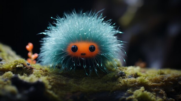 Une drôle de créature verte et bleue dans une photographie photoréaliste de la nature