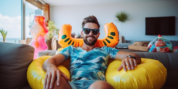 Drôle de jeune homme en lunettes de soleil et jouets de plage gonflables sirote un cocktail et regarde le spectacle