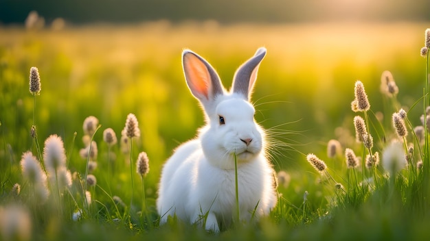 Drôle de lapin blanc dans un champ avec de l'herbe