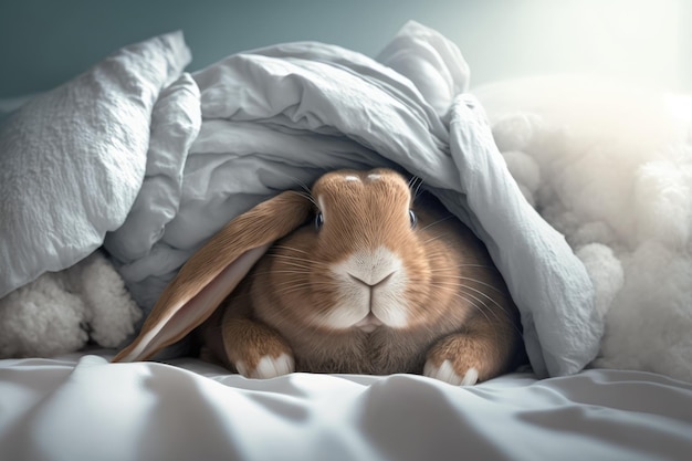 Le drôle de lapin dort dans son lit sur une couverture blanche Surprise pour Pâques