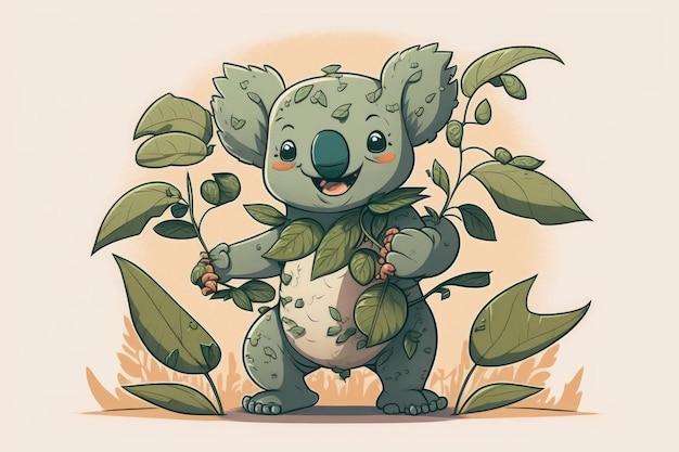 Drôle de personnage animal gris Illustration d'un koala s'amusant avec des feuilles d'eucalyptus