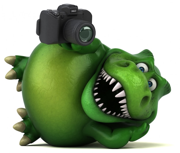 Drôle personnage de dinosaure 3d tenant un appareil photo