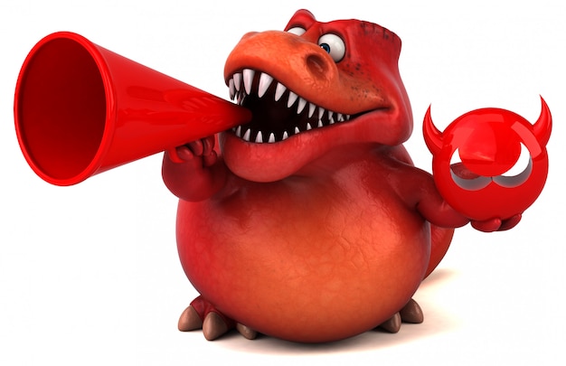 Drôle personnage de dinosaure rouge 3d parlant dans un mégaphone tenant une icône du diable