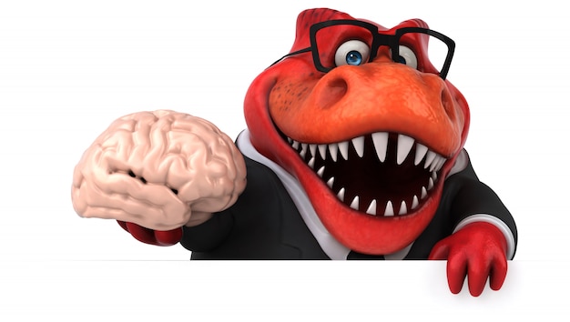 Drôle personnage de dinosaure rouge 3d tenant un cerveau