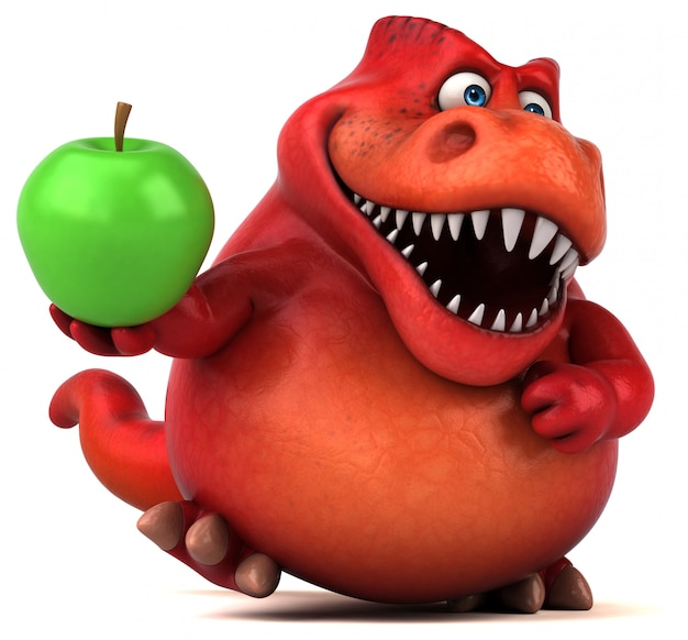 Drôle personnage de dinosaure rouge 3d tenant une pomme