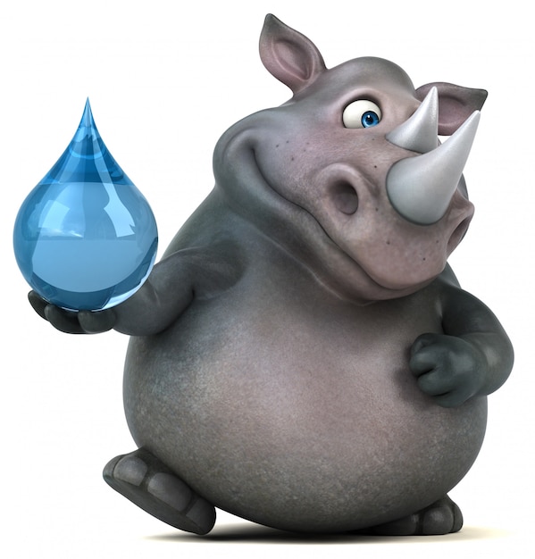 Drôle personnage rhinocéros 3d tenant une goutte de verre