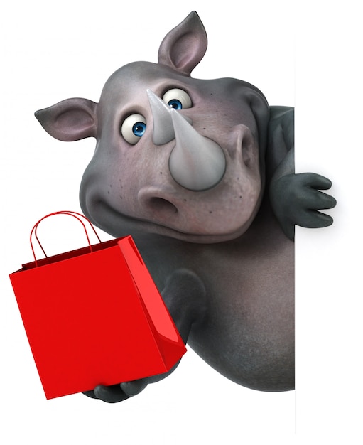 Drôle personnage rhinocéros 3d tenant un sac à provisions