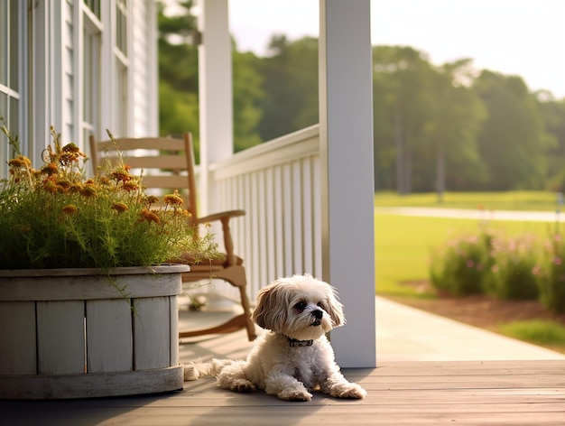 Un drôle de petit chien souriant assis sur le grand porche.