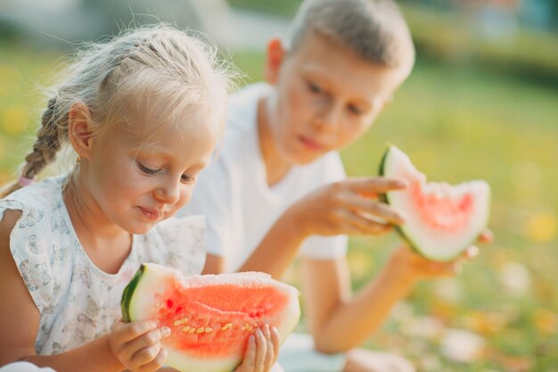 Drôle de petit enfant en bas âge frère et soeur mangeant de la pastèque dans le parc. Heureux garçon et fille ensemble. Enfance, famille, concept d'alimentation saine.